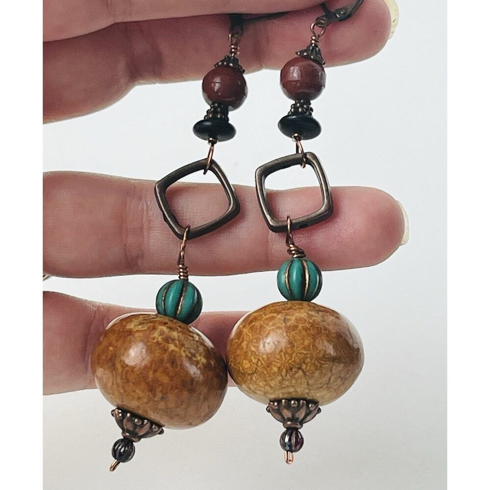 Big Large Earrings Long Wood Boho RETRO Ball Bead Blue Amber Statement Hippie 9